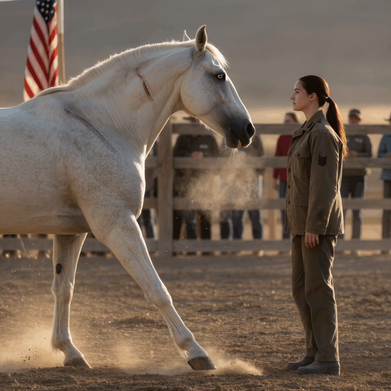 Nikt nie chciał kupić groźnego białego konia z bokiem pełnym blizn i bladymi oczami – zwierzęcia, które nawet jego treser uznał za zbyt niebezpieczne, do tego stopnia, że ​​dorośli mężczyźni musieli się wycofać. Na każdej aukcji ta scena się powtarzała: cisza, kilka szyderczych śmiechów i odgłos kopyt uderzających o metalową podłogę, jakby walczyło ze światem, który już się z nim rozstał. Aż pewnego dnia cicha kobieta w wyblakłej kurtce piechoty morskiej wystąpiła naprzód. Nie zapytała o cenę. Zapytała tylko o imię.