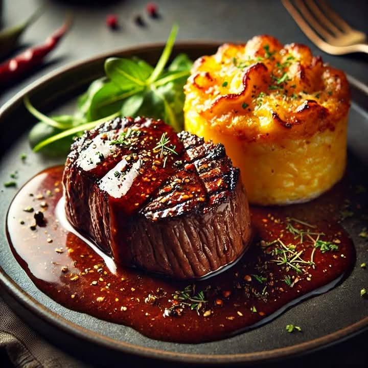 Medalion wołowy z sosem pieprzowym i ziemniakami dauphinoise