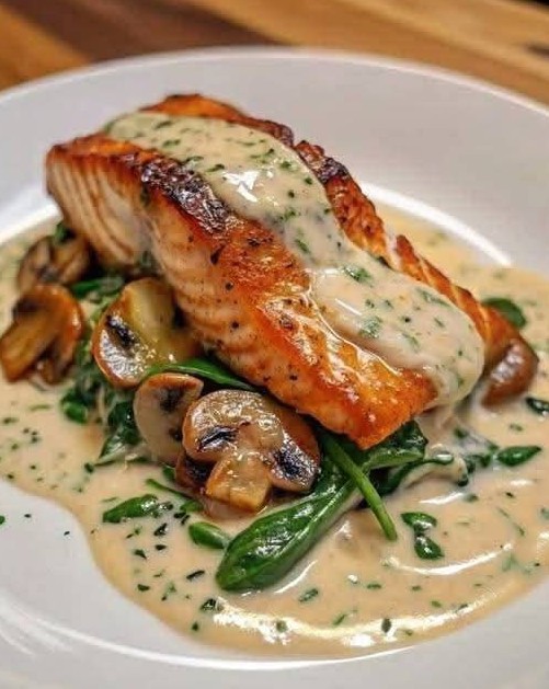Łosoś z masłem czosnkowym, szpinakiem i pieczarkami w kremowym sosie