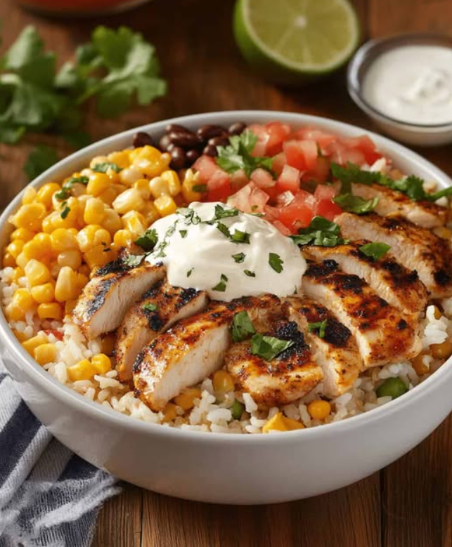 Miska ryżu z kukurydzą i kurczakiem