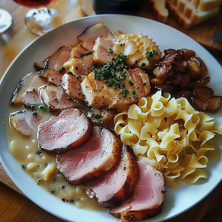 Szynka, pieczarki i makaron