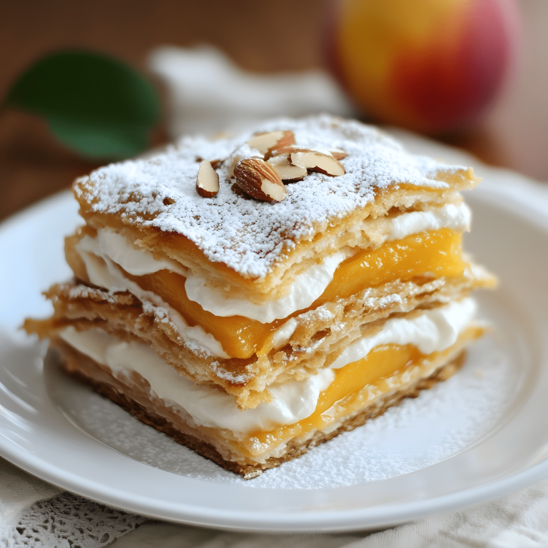 🍑Tarty Napoleona z brzoskwinią i kremem migdałowym